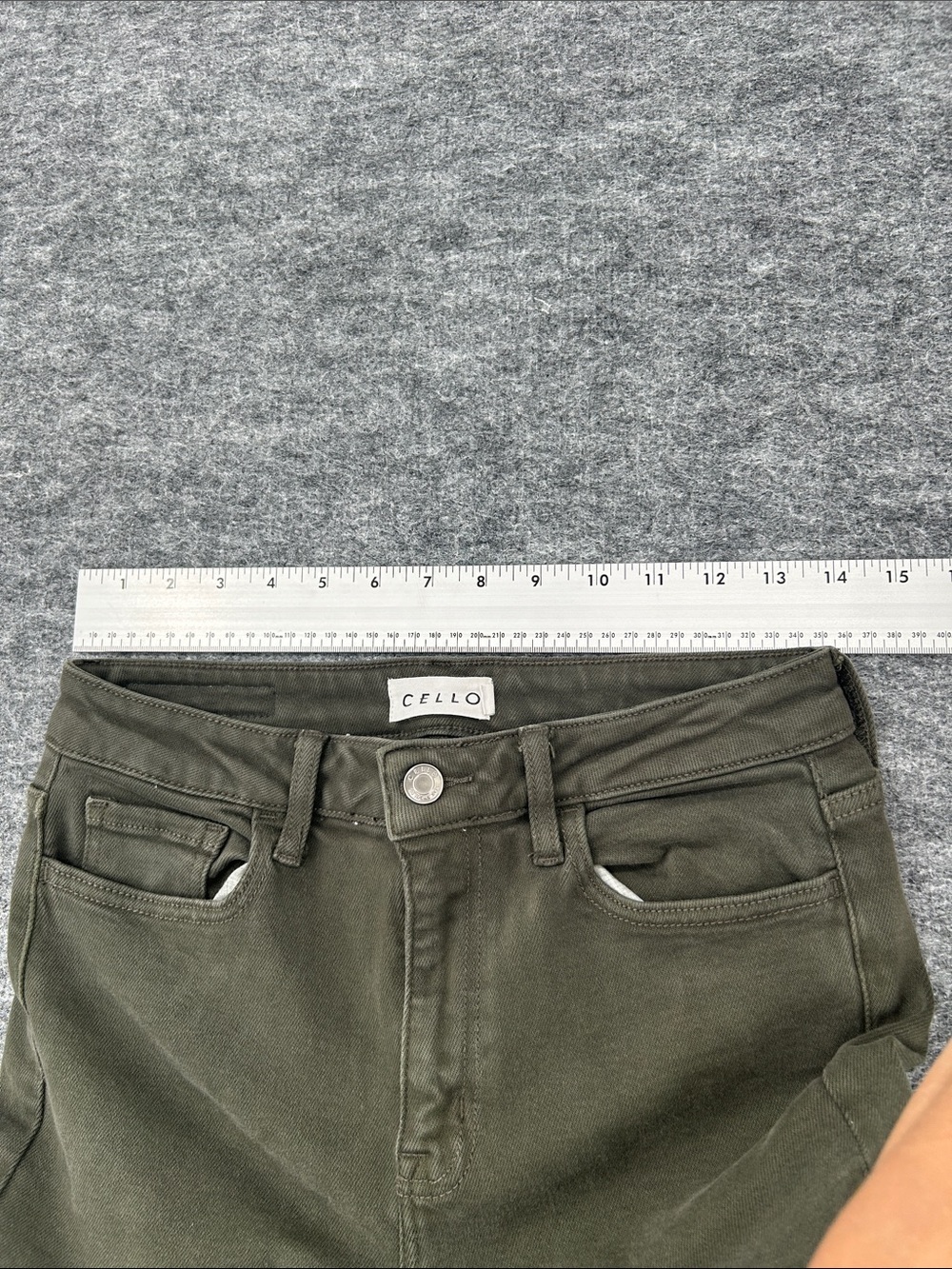 Cello Olive Green Denim Waistband Detail High Rise Flare Stretch Jean Size 7 - Picture 13 of 15